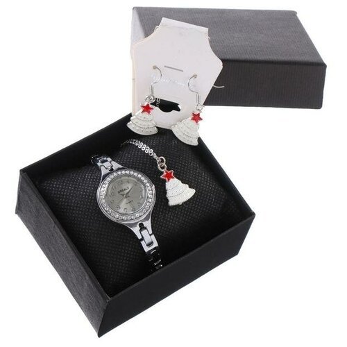 Подарочный набор 3 в 1 'Ёлочка': наручные часы d=2.7 см, серьги, кулон