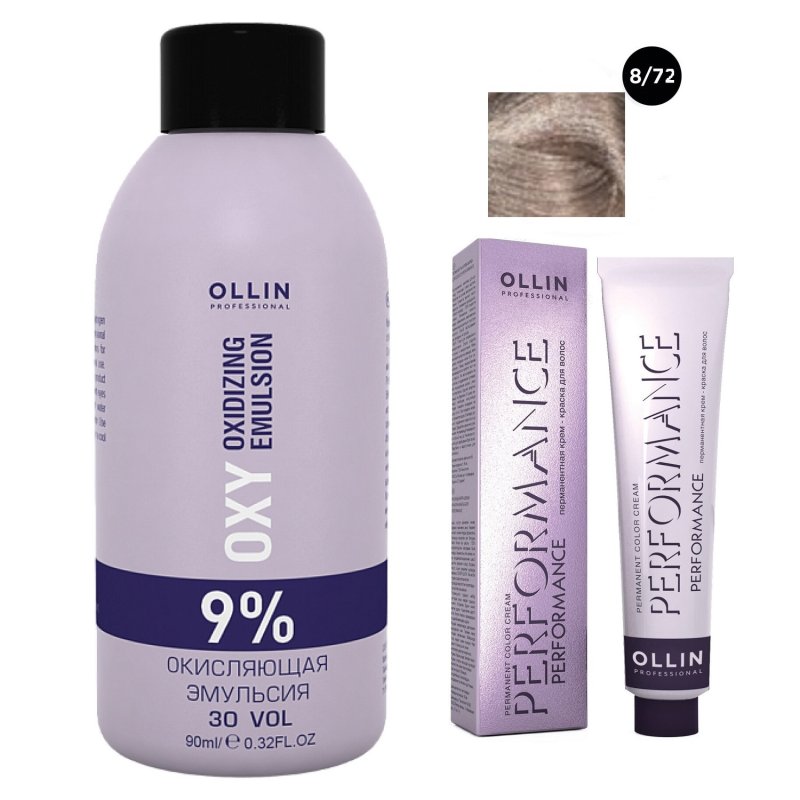 Ollin Professional Набор 'Перманентная крем-краска для волос Ollin Performance оттенок 8/72 светло-русый коричнево-фиолетовый 60 мл + Окисляющая эмульсия Oxy 9% 90 мл' (Ollin Professional, Performance)