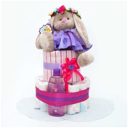Тортик из памперсов с мягкой игрушкой 'Заинька' для новорожденной девочки в розовых тонах, с детским шампунем, двухъярусный