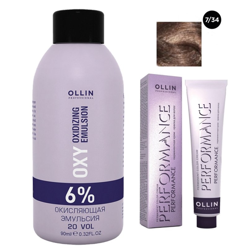 Ollin Professional Набор 'Перманентная крем-краска для волос Ollin Performance оттенок 7/34 русый золотисто-медный 60 мл + Окисляющая эмульсия Oxy 6% 90 мл' (Ollin Professional, Performance)
