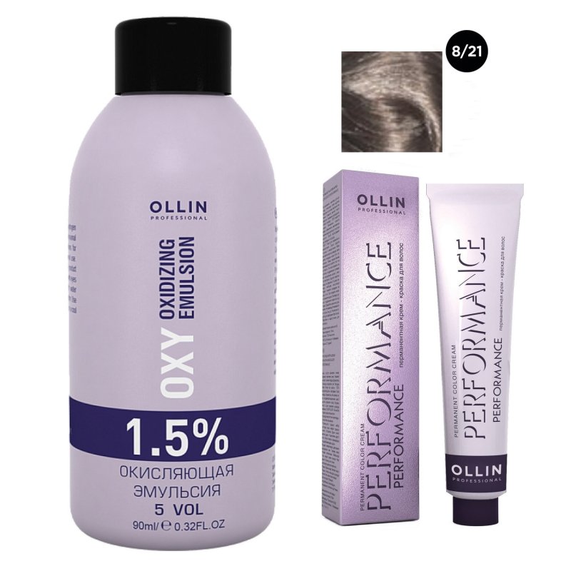 Ollin Professional Набор 'Перманентная крем-краска для волос Ollin Performance оттенок 8/21 светло-русый фиолетово-пепельный 60 мл + Окисляющая эмульсия Oxy 1,5% 90 мл' (Ollin Professional, Performance)