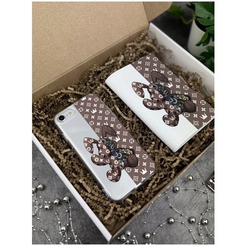 Подарочный набор: Прозрачный силиконовый чехол для iPhone 7/8/SE2020/ Айфон 7/8/СЕ020 + Белая кожаная обложка на паспорт Bunny Коричневый