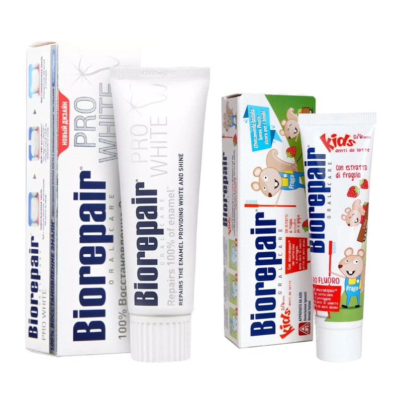 Biorepair Набор зубных паст для взрослых и детей, 75 мл + 50 мл (Biorepair, Отбеливание и лечение)