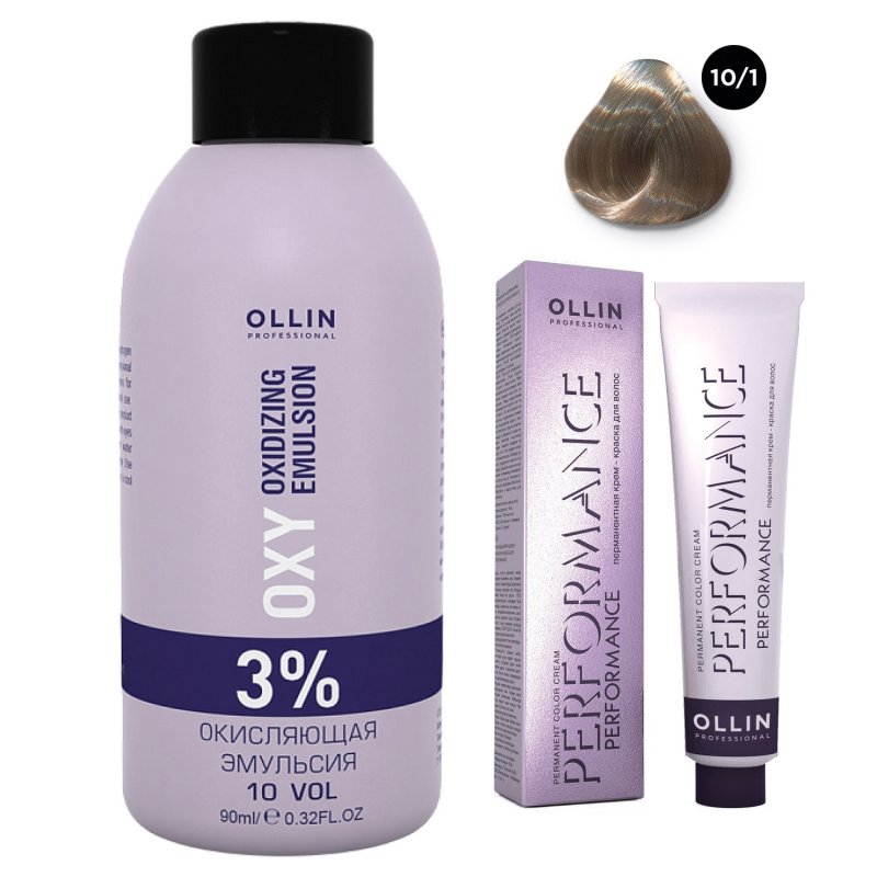 Ollin Professional Набор 'Перманентная крем-краска для волос Ollin Performance оттенок 10/1 светлый блондин пепельный 60 мл + Окисляющая эмульсия Oxy 3% 90 мл' (Ollin Professional, Performance)