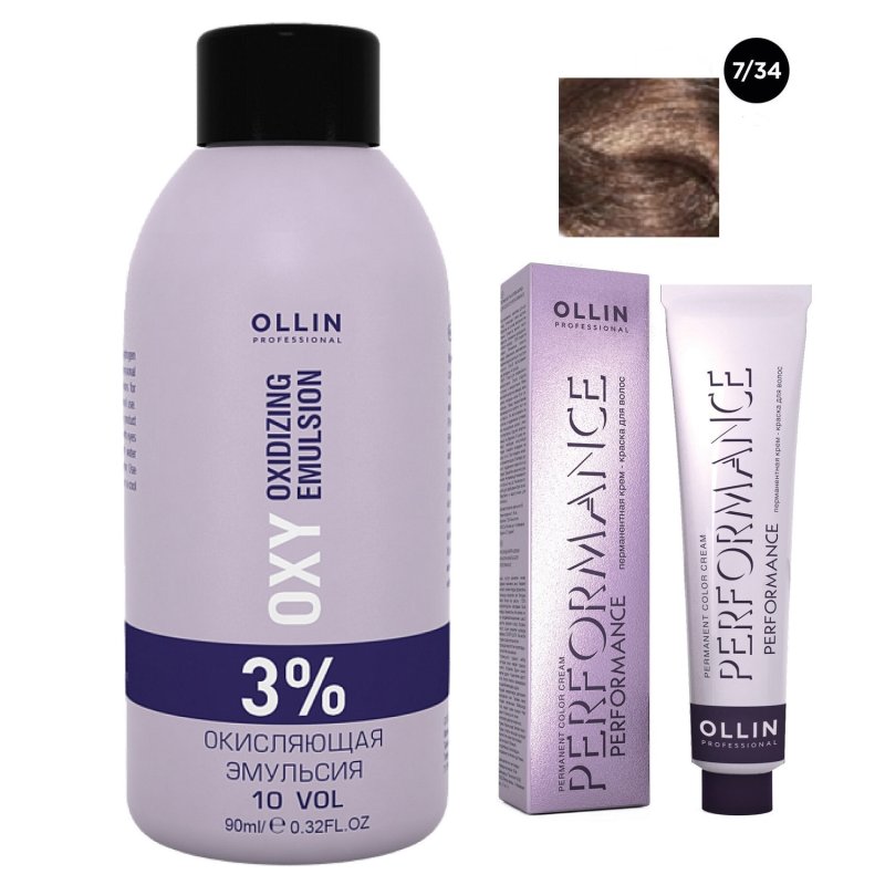 Ollin Professional Набор 'Перманентная крем-краска для волос Ollin Performance оттенок 7/34 русый золотисто-медный 60 мл + Окисляющая эмульсия Oxy 3% 90 мл' (Ollin Professional, Performance)