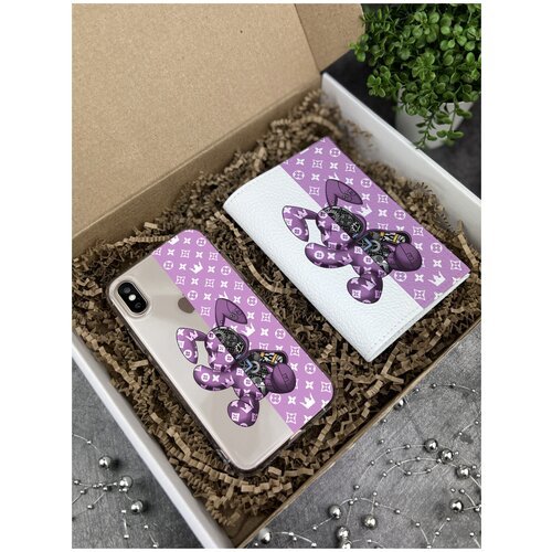 Подарочный набор: Прозрачный силиконовый чехол для iPhone X/Xs/ Айфон 10/10С + Белая кожаная обложка на паспорт Bunny Розовый