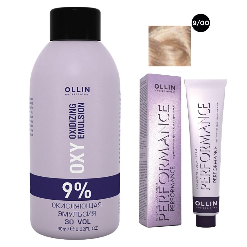 Ollin Professional Набор 'Перманентная крем-краска для волос Ollin Performance оттенок 9/00 блондин глубокий 60 мл + Окисляющая эмульсия Oxy 9% 90 мл' (Ollin Professional, Performance)