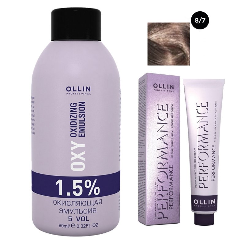 Ollin Professional Набор 'Перманентная крем-краска для волос Ollin Performance оттенок 8/7 светло-русый коричневый 60 мл + Окисляющая эмульсия Oxy 1,5% 90 мл' (Ollin Professional, Performance)