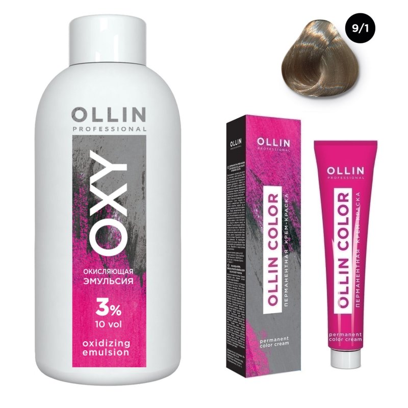 Ollin Professional Набор 'Перманентная крем-краска для волос Ollin Color оттенок 9/1 блондин пепельный 100 мл + Окисляющая эмульсия Oxy 3% 150 мл' (Ollin Professional, Ollin Color)