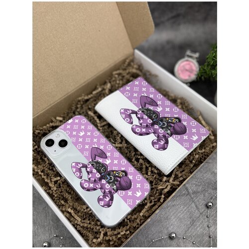 Подарочный набор: Прозрачный силиконовый чехол для iPhone 13/ Айфон 13 + Белая кожаная обложка на паспорт Bunny Розовый