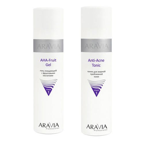 Aravia Professional Комплект Гель очищающий с фруктовыми кислотами AHA - Fruit Gel, 250 мл + Тоник для жирной проблемной кожи Anti-Acne Tonic, 250 мл (Aravia Professional, Уход за лицом)