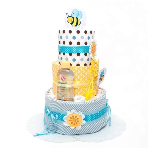 Большой торт из памперсов, пеленок и аксессуаров для девочки и мальчика 'Пчелка' в подарок на встречу из роддома, в голубых и желтых тонах, с атласными лентами, бантиками и веселыми рисунками, трехъярусный