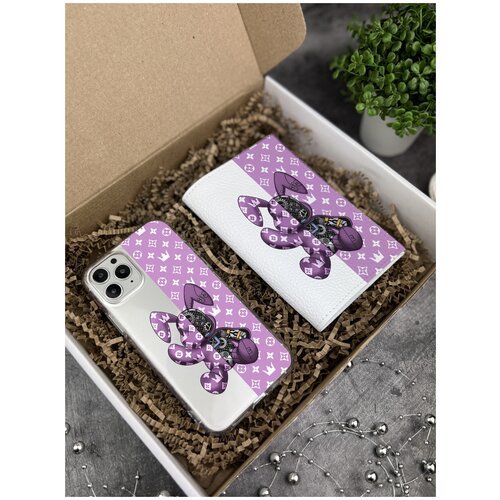 Подарочный набор: Прозрачный силиконовый чехол для iPhone 11 Pro/ Айфон 11 Про + Белая кожаная обложка на паспорт Bunny Розовый