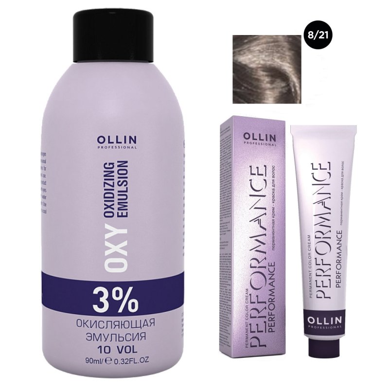 Ollin Professional Набор 'Перманентная крем-краска для волос Ollin Performance оттенок 8/21 светло-русый фиолетово-пепельный 60 мл + Окисляющая эмульсия Oxy 3% 90 мл' (Ollin Professional, Performance)