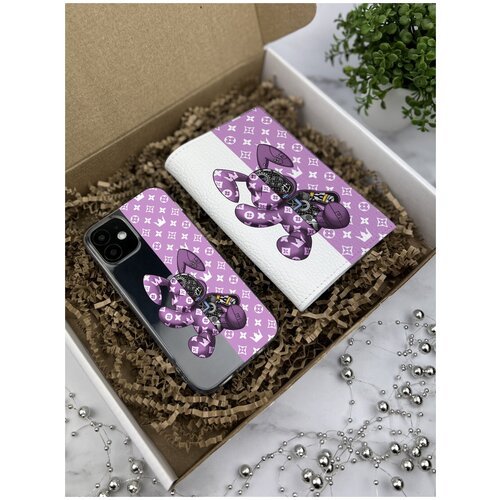 Подарочный набор: Прозрачный силиконовый чехол для iPhone 12 Mini/ Айфон 12 Мини + Белая кожаная обложка на паспорт Bunny Розовый