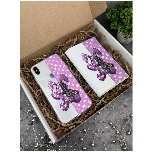 Подарочный набор: Прозрачный силиконовый чехол для iPhone Xs Max/ Айфон 10С Макс + Белая кожаная обложка на паспорт Bunny Розовый