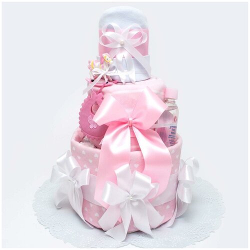 Большой торт из подгузников для девочки 'Розовый зефир' на выписку из роддома, с одеждой и пеленками, трехъярусный