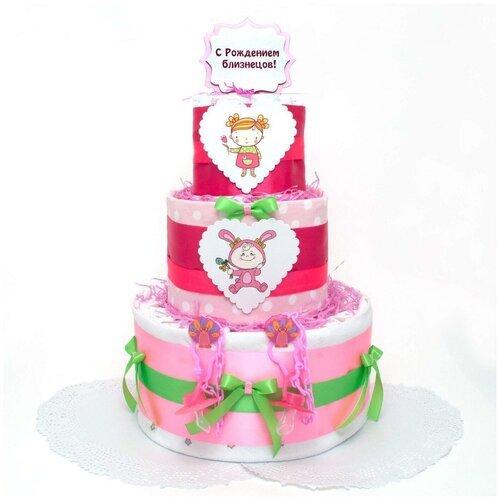 Оригинальный торт из японских памперсов и пеленок 'У нас близнецы!' для новорожденных девочек, с двумя сосками, зелеными и розовыми атласными лентами, бумажными сердечками с рисунками и надписью, трехъярусный