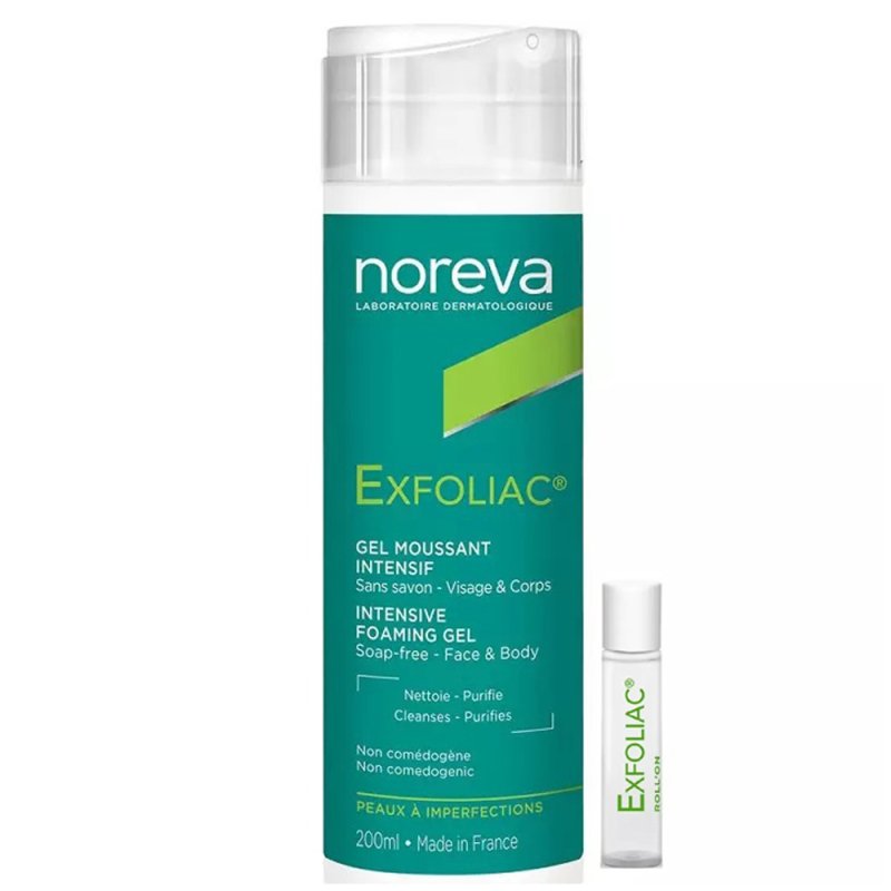 Noreva Набор для кожи с воспалениями: гель, 200 мл + локальный уход, 5 мл (Noreva, Exfoliac)