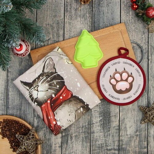 Набор подарочный 'Снежный кот': кух. полотенце 40х73см, прихватка 17х17см; хлопок 100%