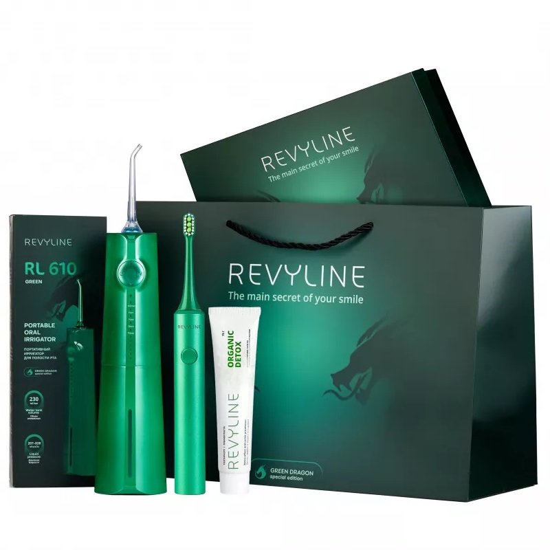 REVYLINE Подарочный набор Green Dragon №3: ирригатор + зубная щетка + зубная паста (REVYLINE, Ирригаторы)