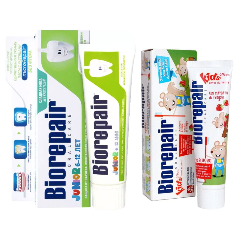 Biorepair Набор детских зубных паст: Strawberry 50 мл + Mint 75 мл (Biorepair, Детская гамма)