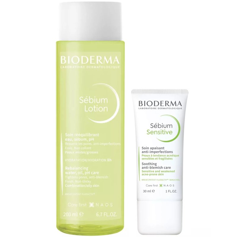 Bioderma Набор для жирной чувствительной кожи: крем, 30 мл + лосьон, 200 мл (Bioderma, Sebium)