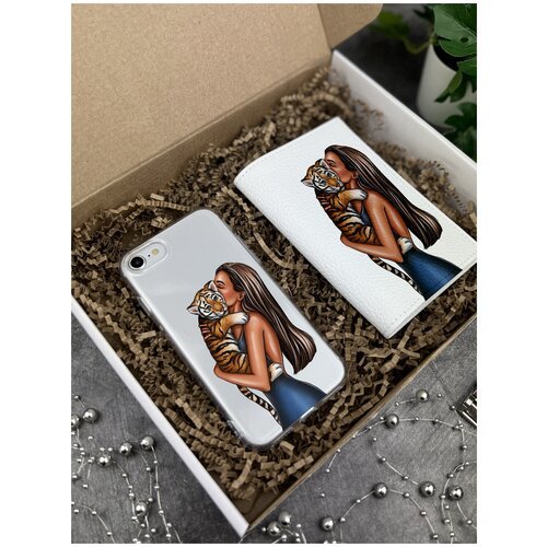 Подарочный набор: Прозрачный силиконовый чехол для iPhone 7/8/SE2020/ Айфон 7/8/СЕ020 + Белая кожаная обложка на паспорт Девушка с тигренком