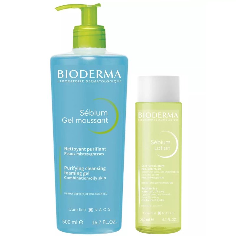 Bioderma Набор для очищения жирной кожи: гель, 500 мл + лосьон, 200 мл (Bioderma, Sebium)