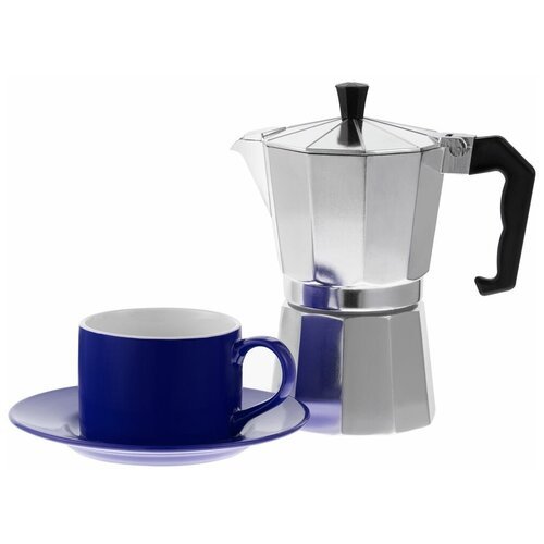 Набор для кофе Clio, синий, кофеварка: высота 19 см, диаметр 10 см, ширина с ручкой 17 см; чашка: диаметр 8,5 см, высота 6 см, ширина с ручкой 11,6 с