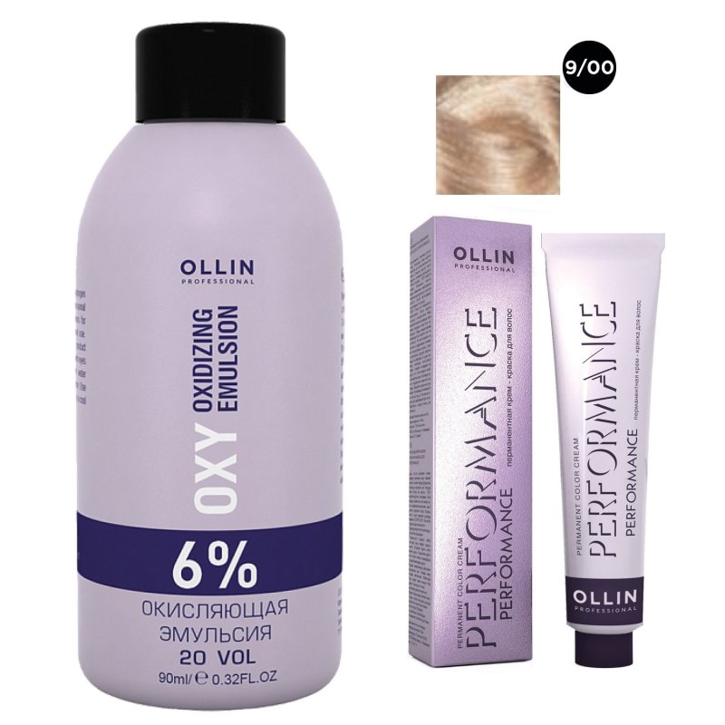 Ollin Professional Набор 'Перманентная крем-краска для волос Ollin Performance оттенок 9/00 блондин глубокий 60 мл + Окисляющая эмульсия Oxy 6% 90 мл' (Ollin Professional, Performance)