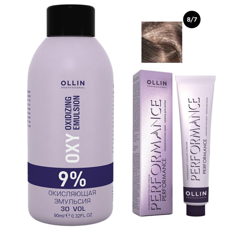 Ollin Professional Набор 'Перманентная крем-краска для волос Ollin Performance оттенок 8/7 светло-русый коричневый 60 мл + Окисляющая эмульсия Oxy 9% 90 мл' (Ollin Professional, Performance)