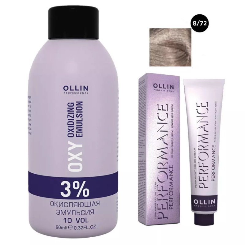 Ollin Professional Набор 'Перманентная крем-краска для волос Ollin Performance оттенок 8/72 светло-русый коричнево-фиолетовый 60 мл + Окисляющая эмульсия Oxy 3% 90 мл' (Ollin Professional, Performance)