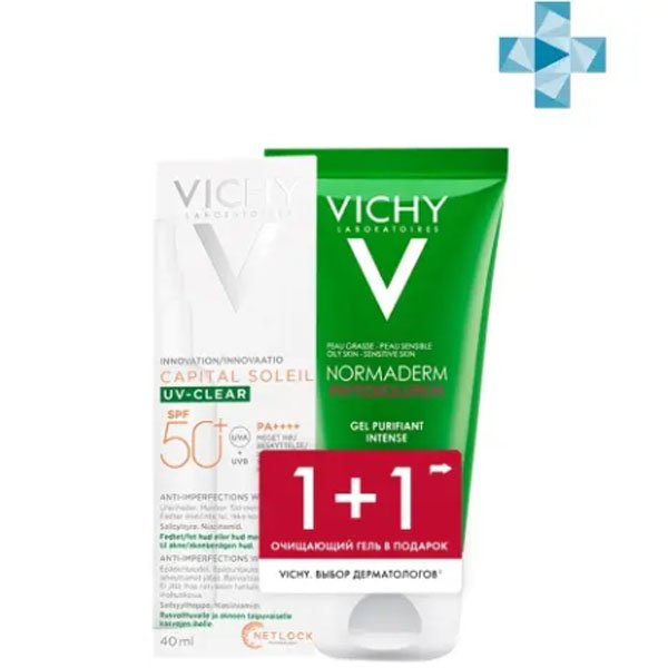 Vichy Набор Очищение и защита для кожи, склонной к несовершенствам: солнцезащитный флюид UV-Clear SPF 50+ 40 мл + очищающий гель 50 мл (Vichy, Capital Soleil)