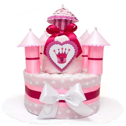 Розовый торт из подгузников для девочки 'Маленькая принцесса' в виде дворца с башенками, с пеленками и боди для новорожденной дочки, с атласными бантами в белых и розовых оттенках