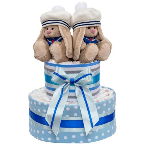 Милый торт из подгузников 'Наши зайчата' для новорожденных мальчиков близнецов или двойняшек, с мягкими игрушками, пеленками и атласным декором в голубых и серых оттенках, двухъярусный