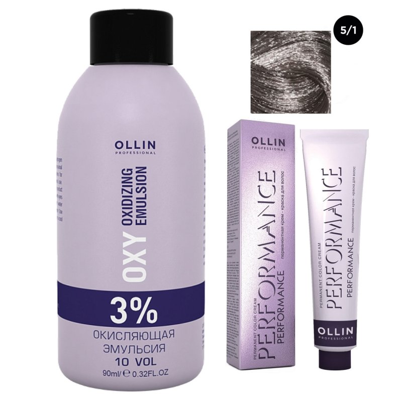 Ollin Professional Набор 'Перманентная крем-краска для волос Ollin Performance оттенок 5/1 светлый шатен пепельный 60 мл + Окисляющая эмульсия Oxy 3% 90 мл' (Ollin Professional, Performance)