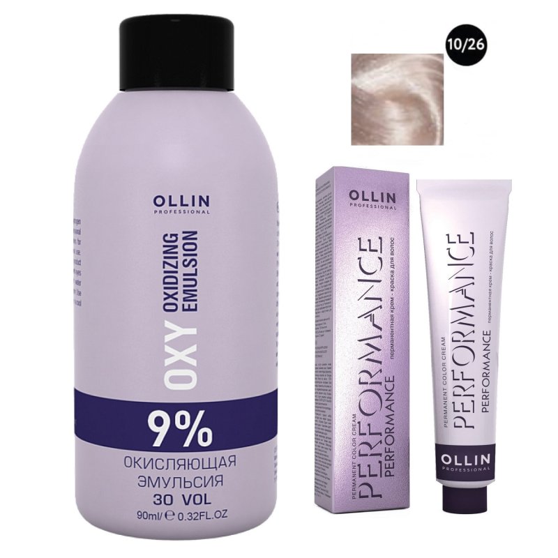 Ollin Professional Набор 'Перманентная крем-краска для волос Ollin Color оттенок 10/26 светлый блондин розовый 60 мл + Окисляющая эмульсия Oxy 9% 90 мл' (Ollin Professional, Performance)