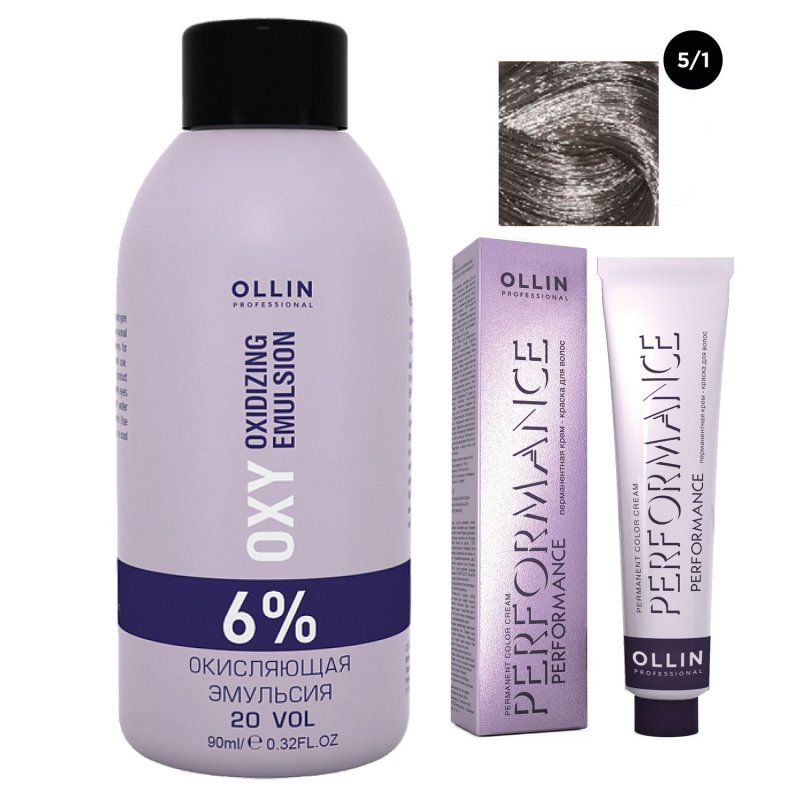 Ollin Professional Набор 'Перманентная крем-краска для волос Ollin Performance оттенок 5/1 светлый шатен пепельный 60 мл + Окисляющая эмульсия Oxy 6% 90 мл' (Ollin Professional, Performance)