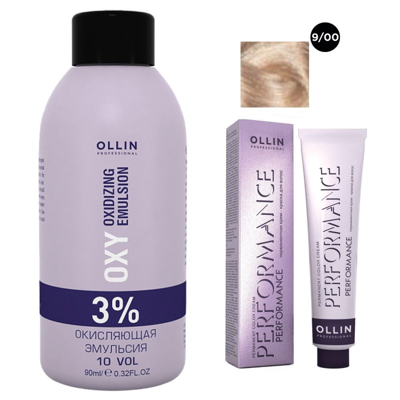 Ollin Professional Набор 'Перманентная крем-краска для волос Ollin Performance оттенок 9/00 блондин глубокий 60 мл + Окисляющая эмульсия Oxy 3% 90 мл' (Ollin Professional, Performance)