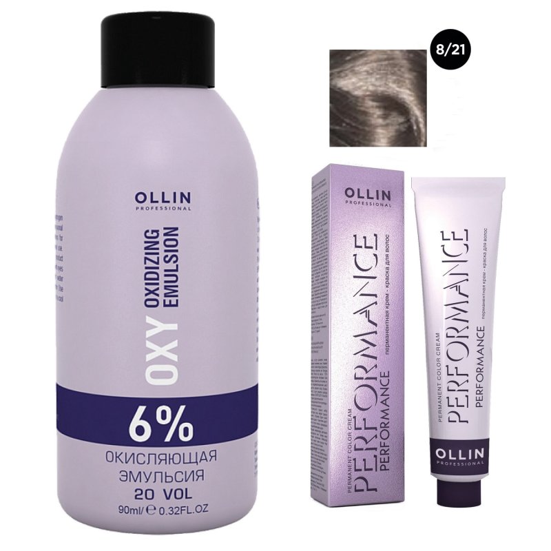 Ollin Professional Набор 'Перманентная крем-краска для волос Ollin Performance оттенок 8/21 светло-русый фиолетово-пепельный 60 мл + Окисляющая эмульсия Oxy 6% 90 мл' (Ollin Professional, Performance)
