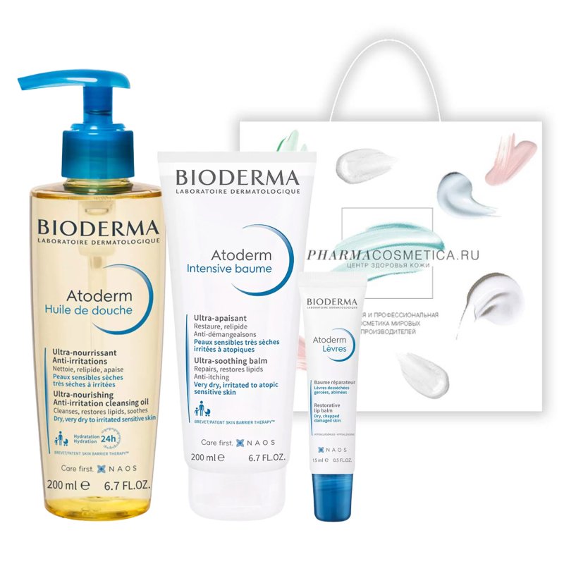 Bioderma Подарочный набор Atoderm: масло и бальзам для лица и тела 2 х 200 мл + бальзам для губ 15 мл (Bioderma, Atoderm)