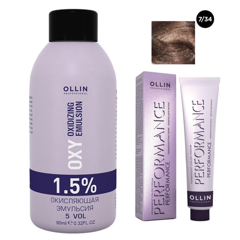 Ollin Professional Набор 'Перманентная крем-краска для волос Ollin Performance оттенок 7/34 русый золотисто-медный 60 мл + Окисляющая эмульсия Oxy 1,5% 90 мл' (Ollin Professional, Performance)