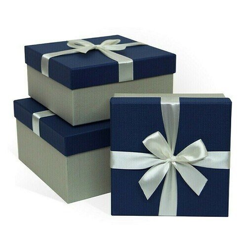 Коробка подарочная с бантом тиснение Рогожка, 190x150x90 мм, синий-серый