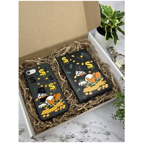 Подарочный набор: Черный силиконовый чехол для iPhone 7/8/SE2020/ Айфон 7/8/СЕ020 + Черная кожаная обложка на паспорт Богатенькая Утка