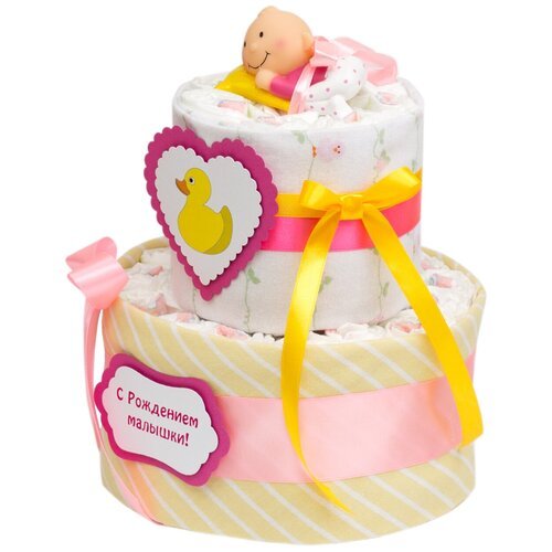Милый торт из подгузников 'Утенок' для новорожденной девочки на встречу из роддома, с пеленками и игрушкой для ванны, с атласными бантами и декором в желтых, розовых тонах, двухъярусный