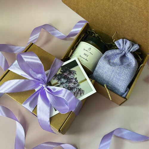 Подарочный набор 'Медово-чайный презент в лавандовом цвете', подарочный бокс с медом и чаем учителю, воспитателю, коллеге