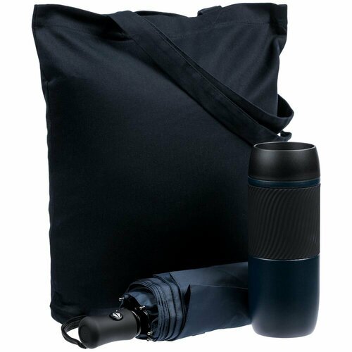 Набор Monsoon Club, темно-синий, сумка: 35х38х5 см, термостакан - нержавеющая сталь, пластик; зонт - эпонж, металл, пластик; сумка - хлопок 100%