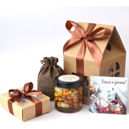 Подарочный набор 'Уютный дом' в коричневом цвете с орехами в меду и чаем, подарок на новоселье, день рождения, комплимент врачу, учителю, воспитателю