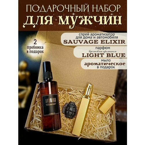 Подарочный набор для мужчин, парфюм по мотивам Light Blue 15 мл, спрей-ароматизатор в машину Sauvage Elixir 50 мл, подарок на 23 февраля, AROMAKO